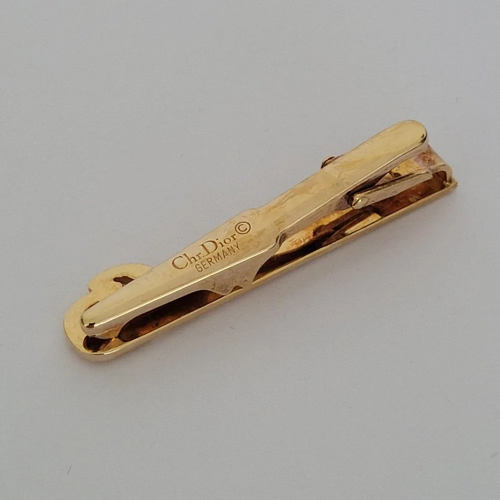 Christian Dior Mens Vintage Gold Tone CD Logo Tie Clip Germany Textured Bar‎